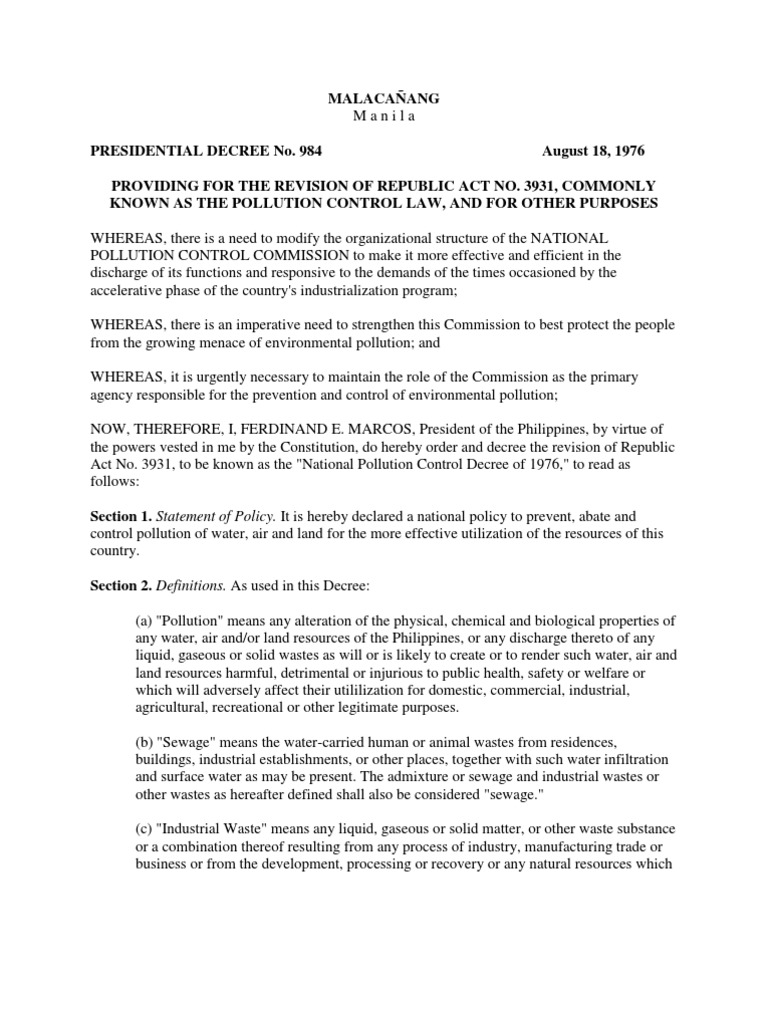 PD 984 Pollution Control Law PDF Sewage Waste