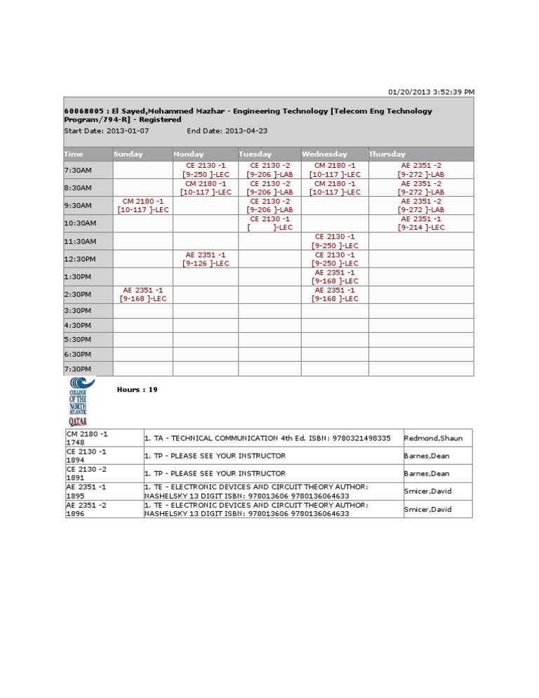 Mazhar Sayed's Engineering Schedule | PDF
