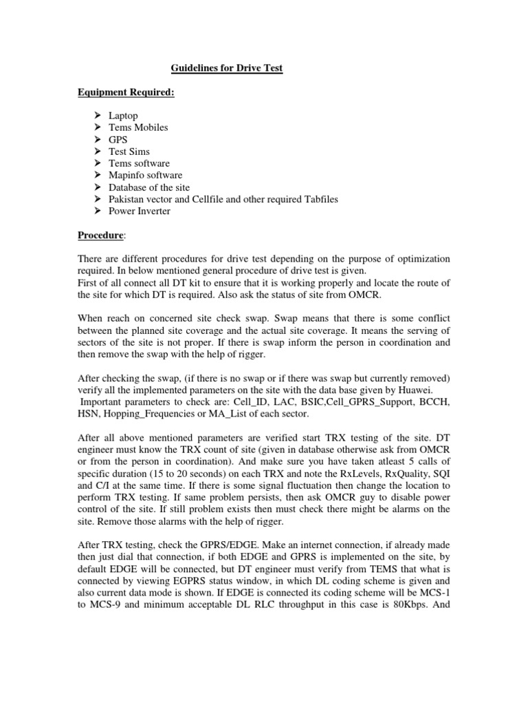 Guidelines For Drive Test Equipment Required | PDF