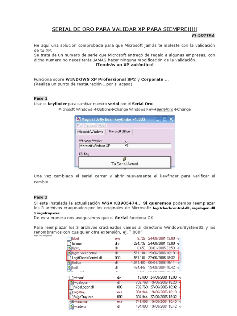 Serial de Oro para Validar XP para Siempre PDF Windows XP Microsoft Windows