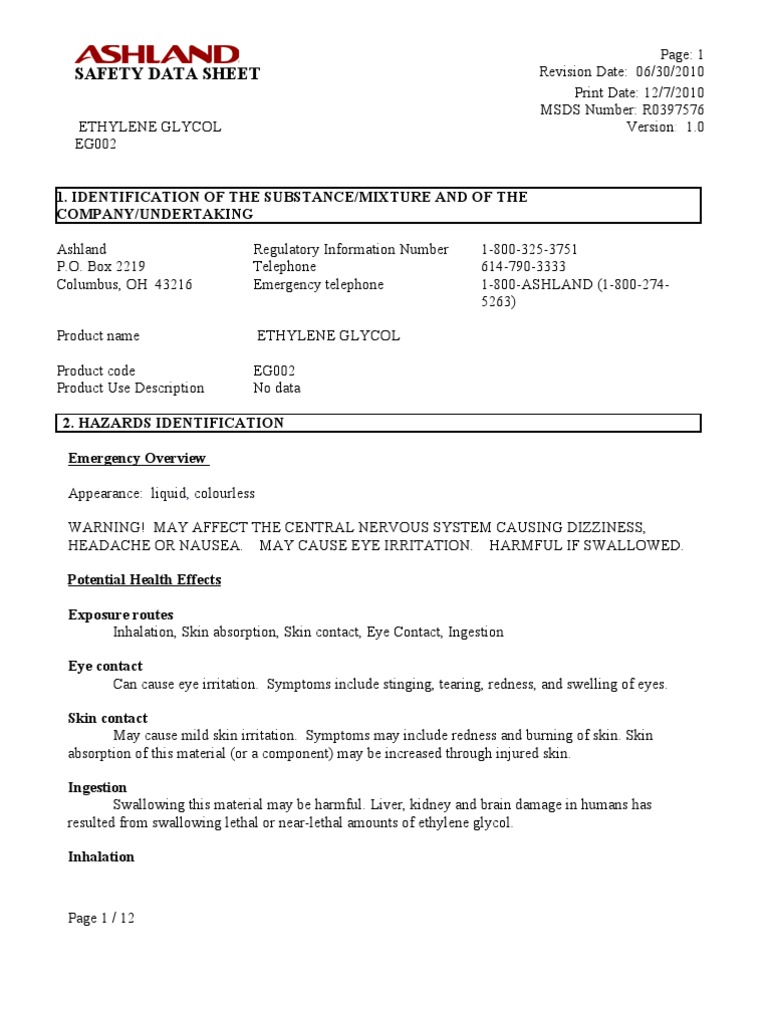 Ethylene Glycol MSDS PDF Dangerous Goods Hypothermia