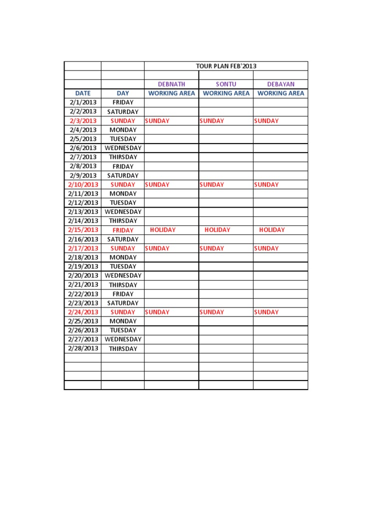 February 2013 Tour Plan Format | PDF