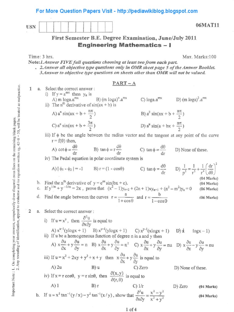 Engineering Mathematics Exam Paper 2011 | PDF | Divergence ...