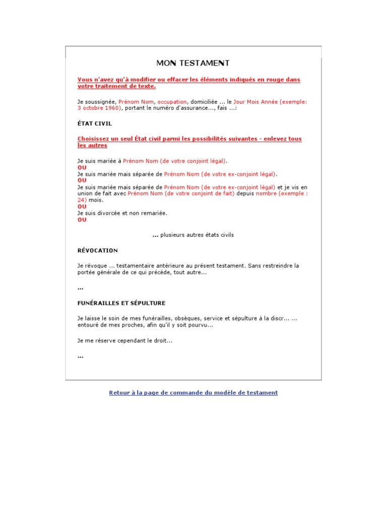 Mon Testament Exemple Pdf Testament Droit Civil