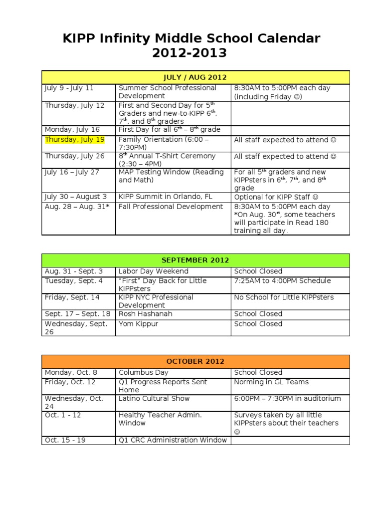 KIPP Infinity Middle School Calendar 20122013 Regents