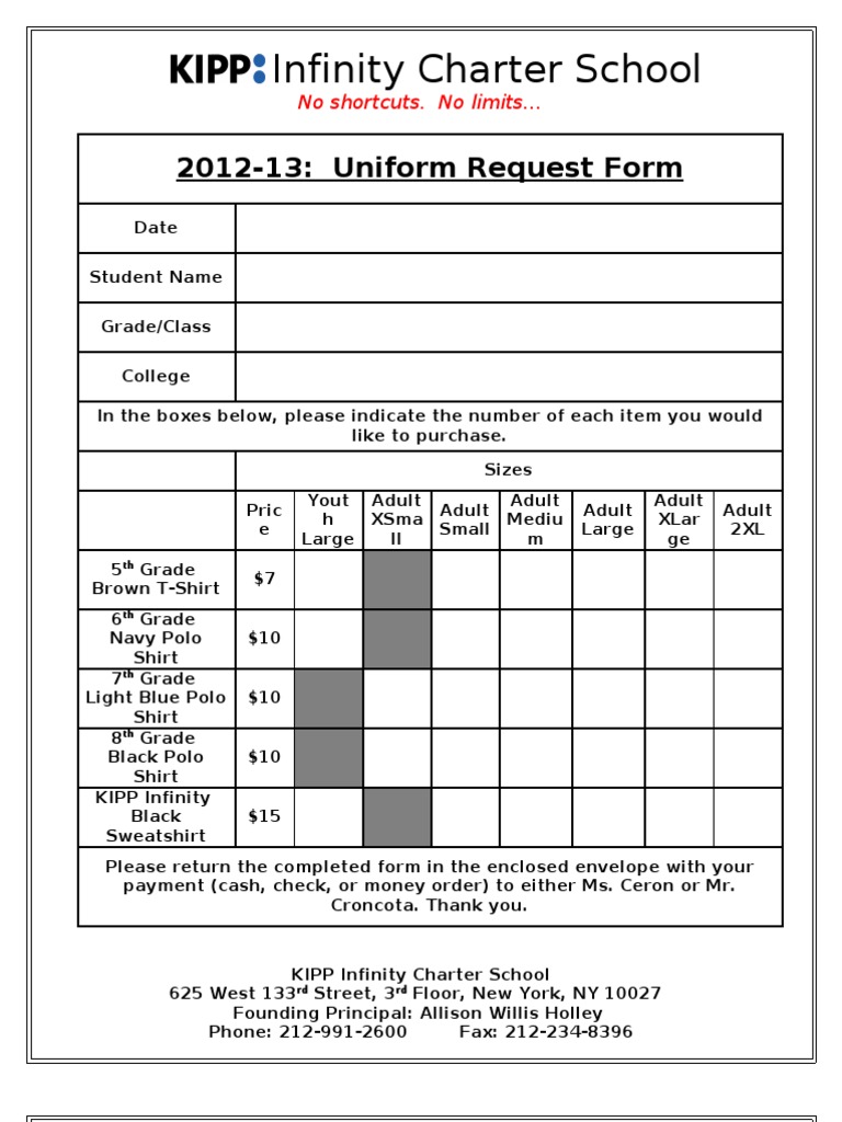 KIPP Infinity Middle School Uniform Order Form