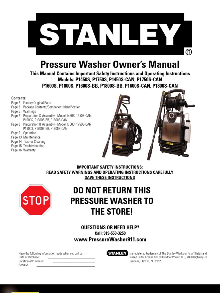 Stanley Pressure Washer Owner's Manual Washing Machine Housekeeping