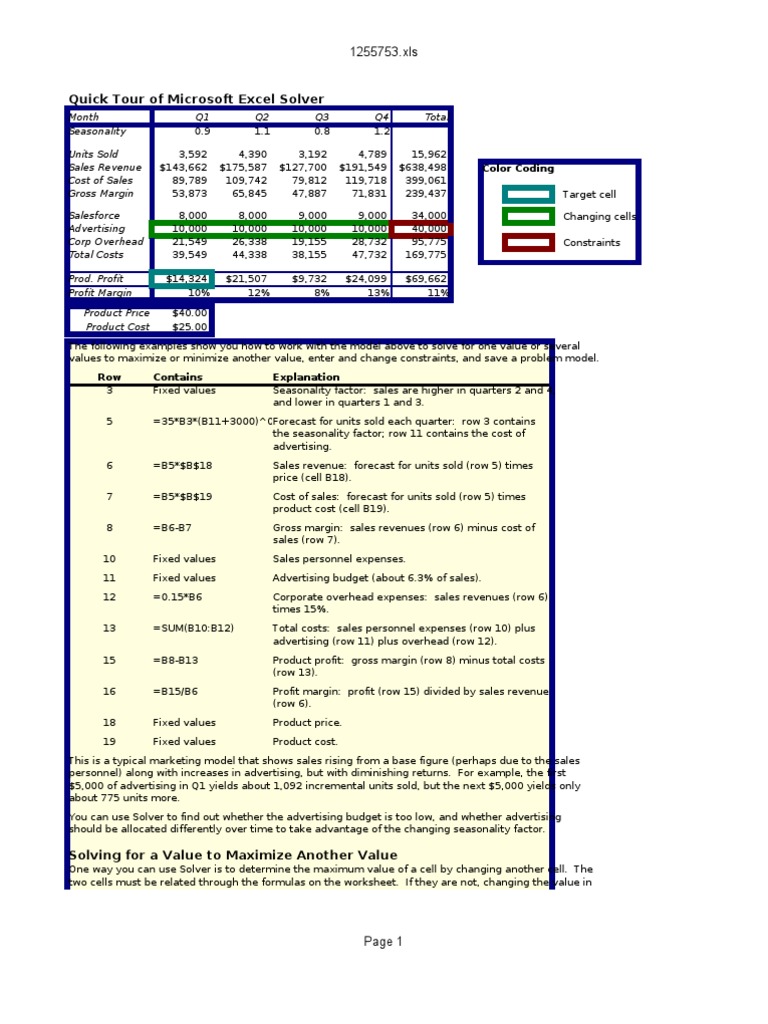 Quick Tour of Microsoft Excel Solver: Color Coding | PDF