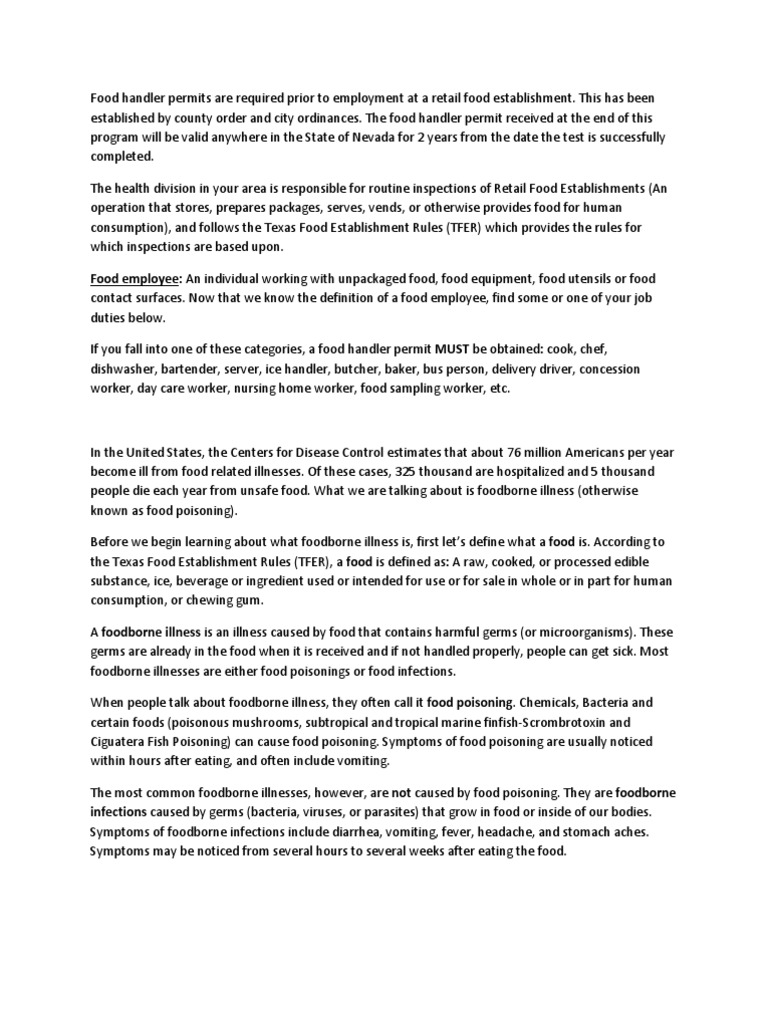 Food Handler Permits PDF Foodborne Illness Hand Washing