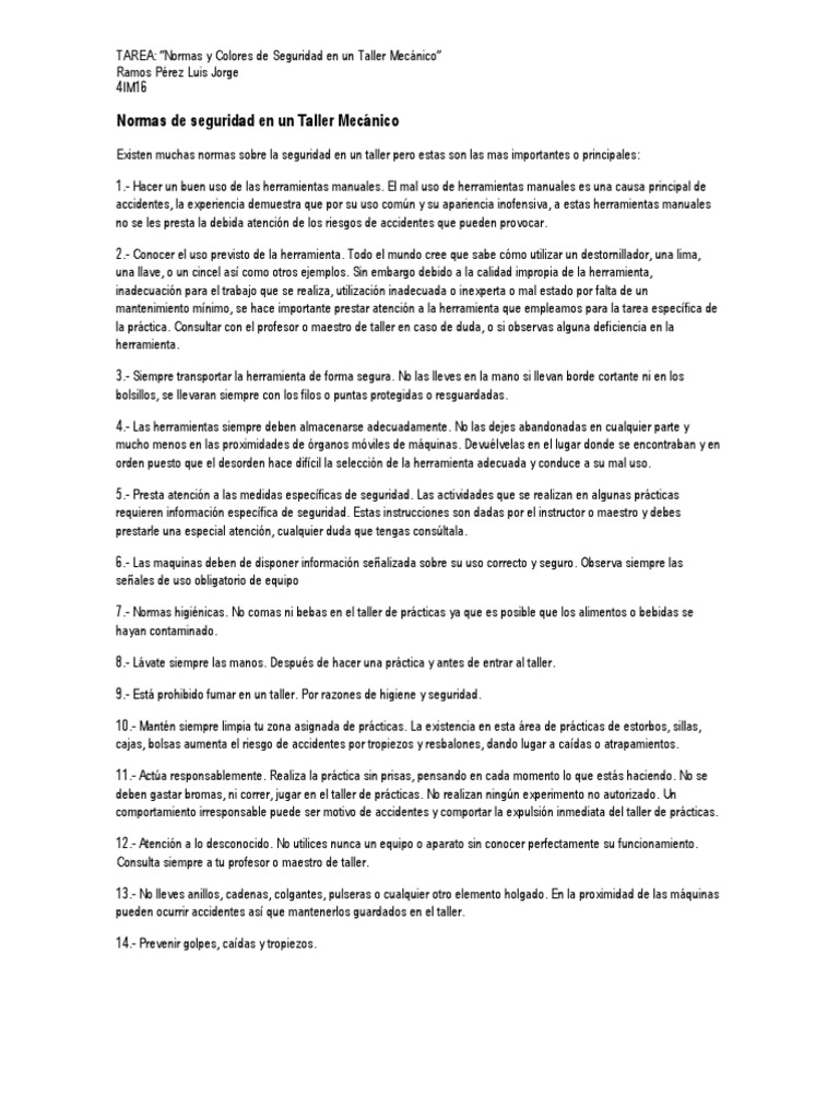 Normas de Seguridad en Un Taller Mecánico PDF Herramientas Color