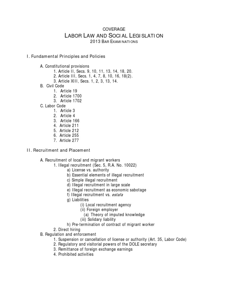 Labor Law and Social Legislation 2013 Bar Exam Syllabi PDF Labour