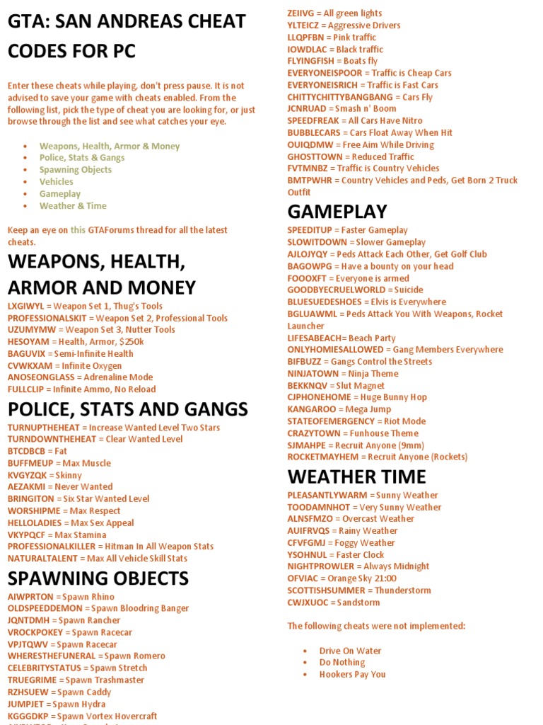 Gta-San Andreas Cheat Codes PC, PDF, Weaponry