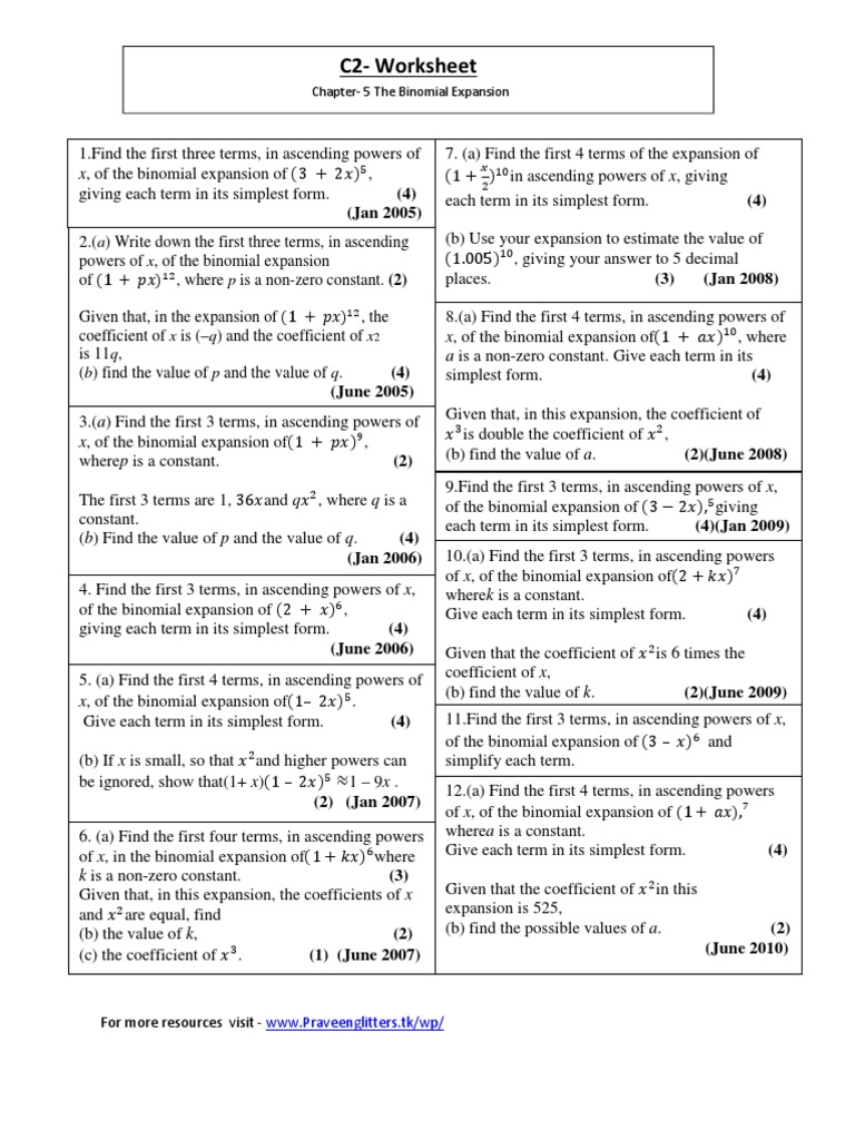 C2 Binomial Expansion-Assignment With Answers | PDF | Number Theory |  Discrete Mathematics