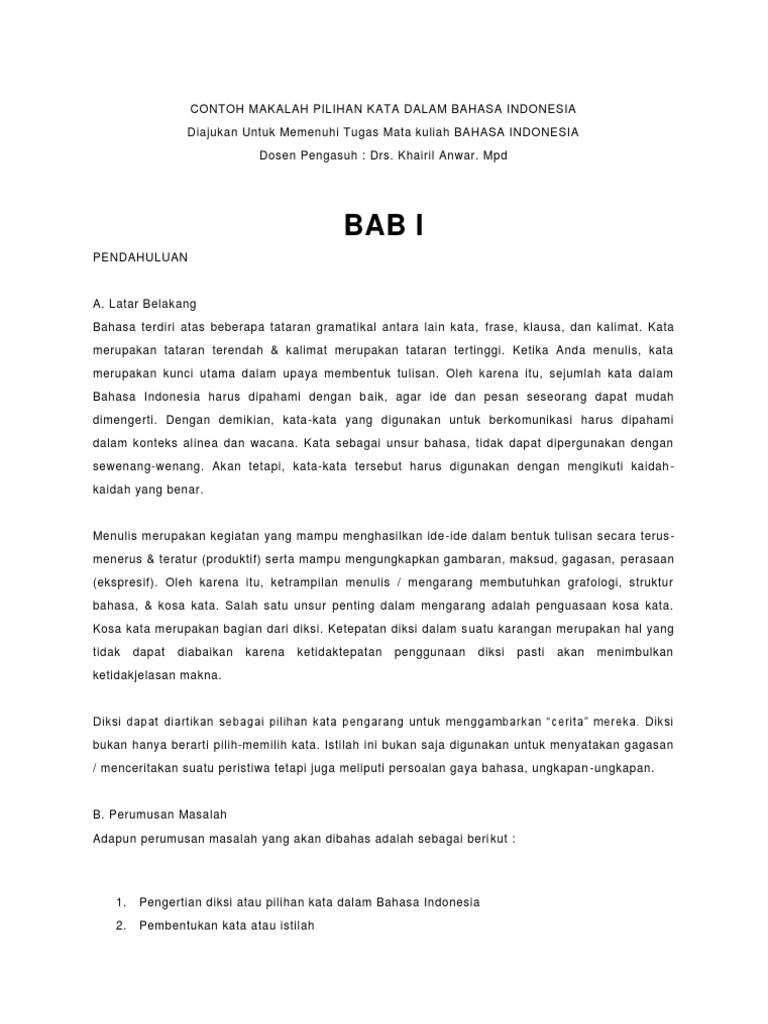 Contoh Makalah Pilihan Kata Dalam Bahasa Indonesia