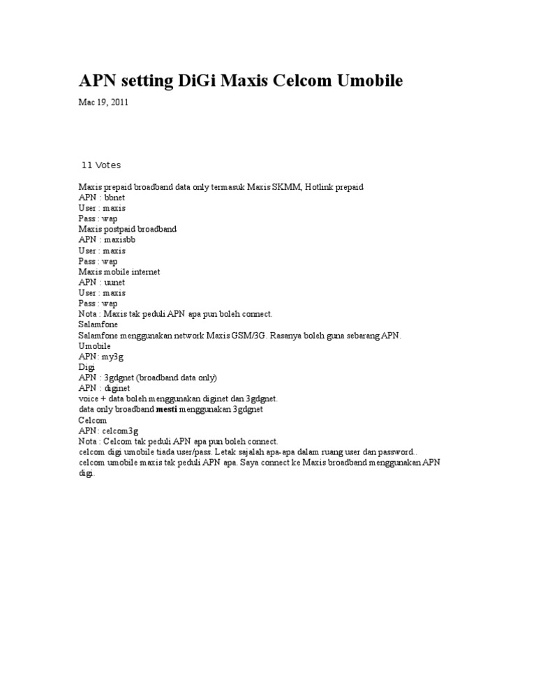 Apn Setting Digi Maxis Celcom Umobile