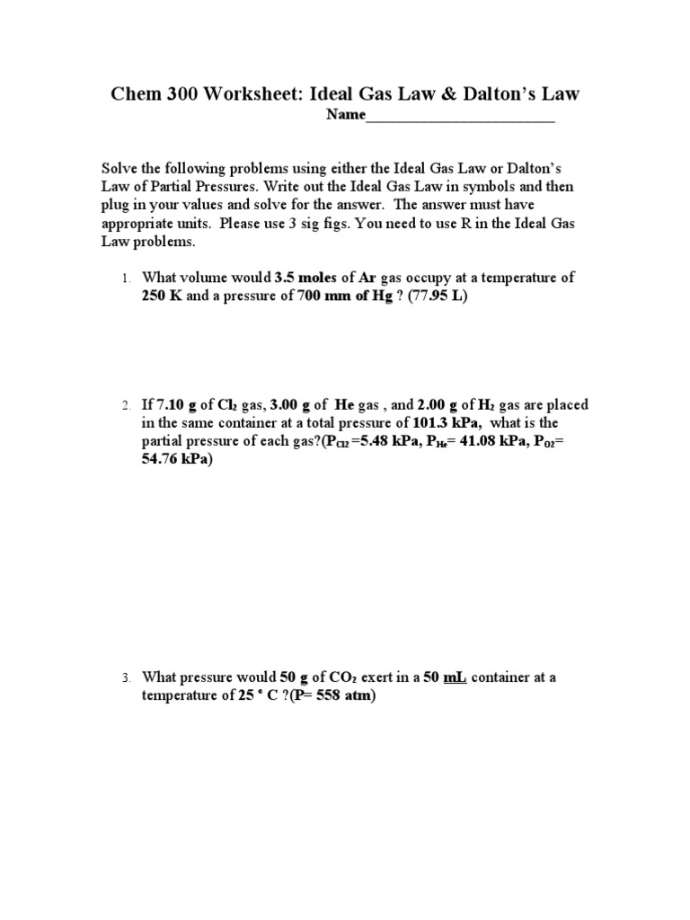 Free Worksheet Ideal Gas Law Problems Worksheet gas laws worksheet ii