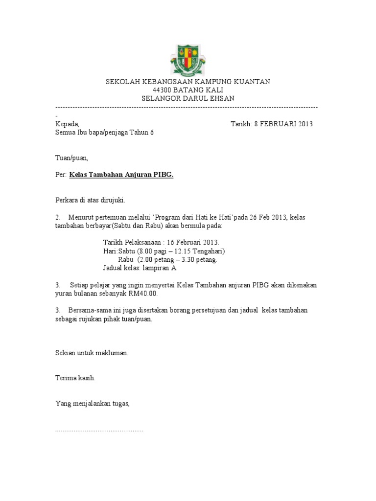 Surat Kpd Ibu Bapa Kelas Tambahan Anjuran Pibg Pdf