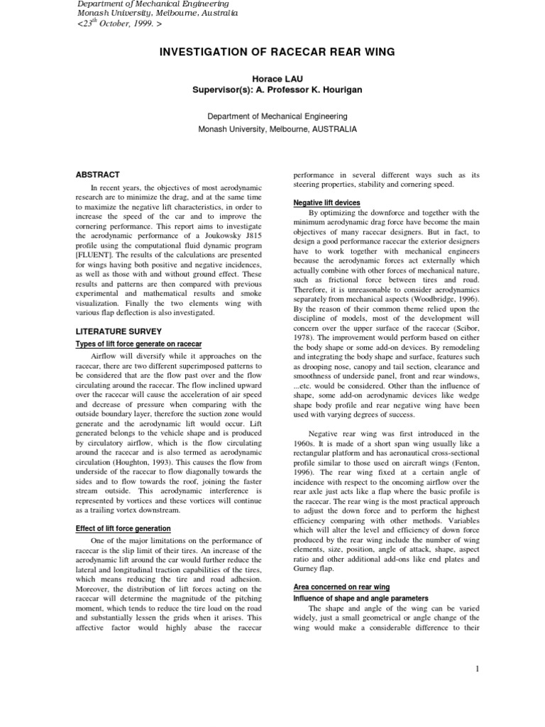 Investigation of Racecar Rear Wing | PDF | Lift (Force) | Wing