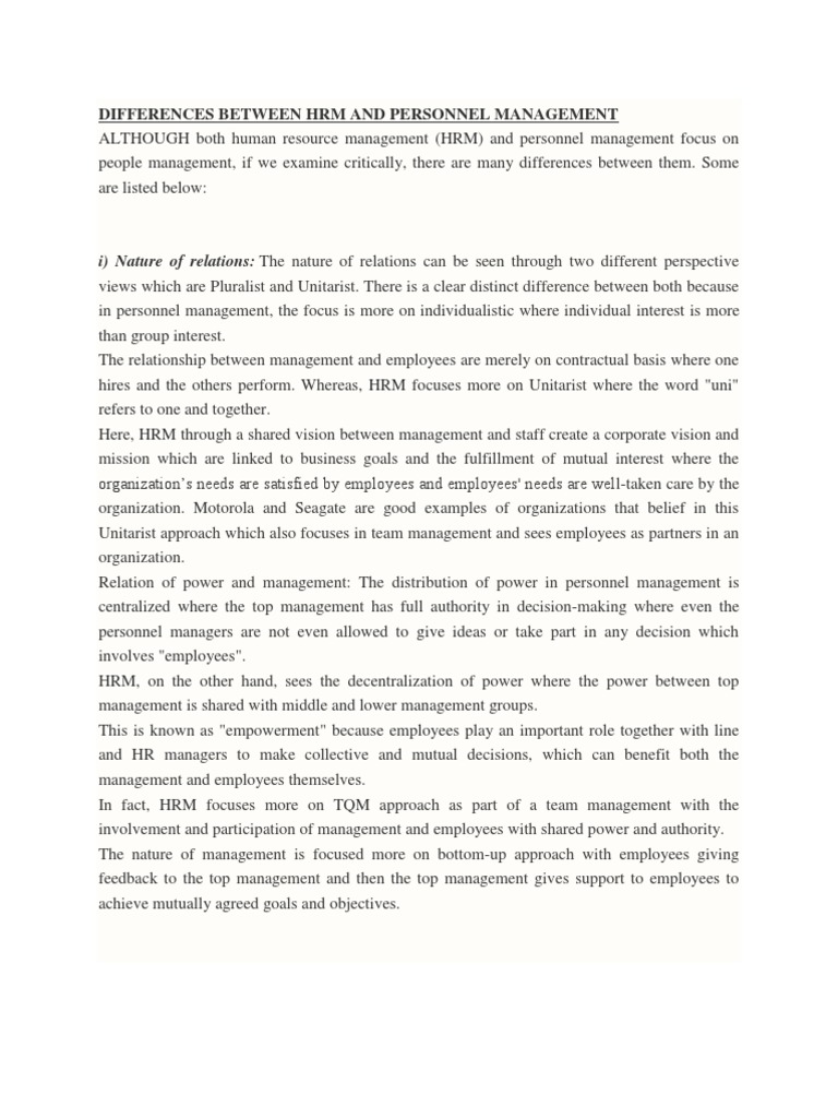 HRM vs Personnel Management Differences | PDF | Human Resource ...