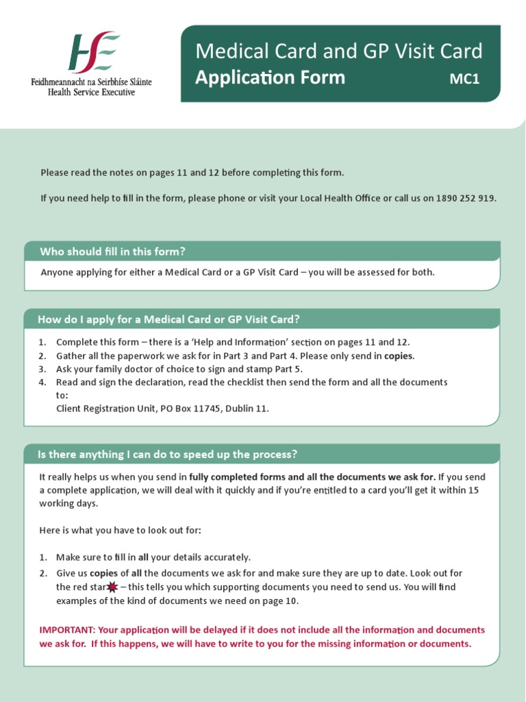 Medical Card GP Visit Card Application Form PDF