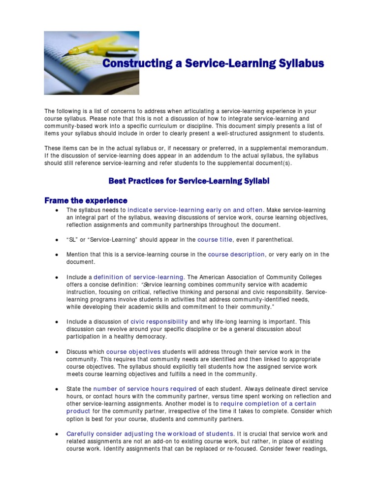 Service-Learning Syllabus Guidelines | PDF | Service Learning | Cognition