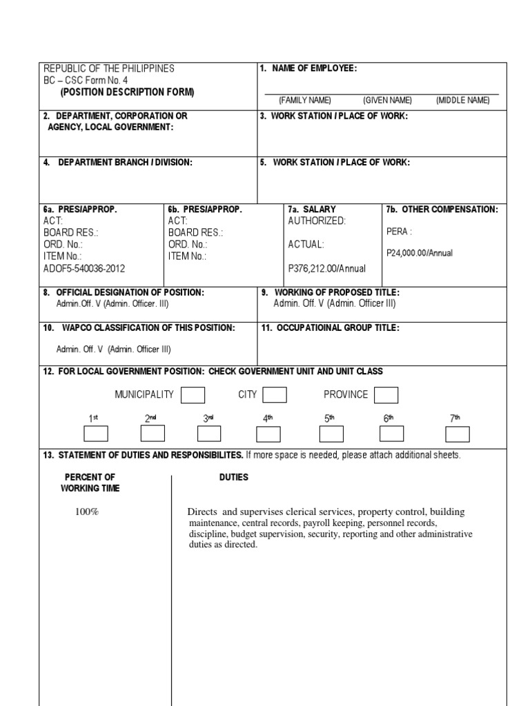 Admin Officer III Position Description Form | PDF | Finance & Money ...