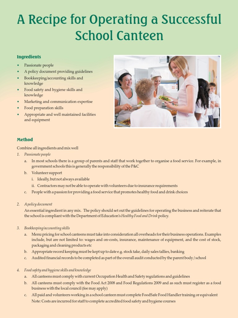 Recipe For A Successful School Canteen PDF Food Safety Foods