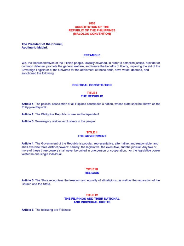 Malolos Constitution of 1899 Overview | PDF | Politics | Law