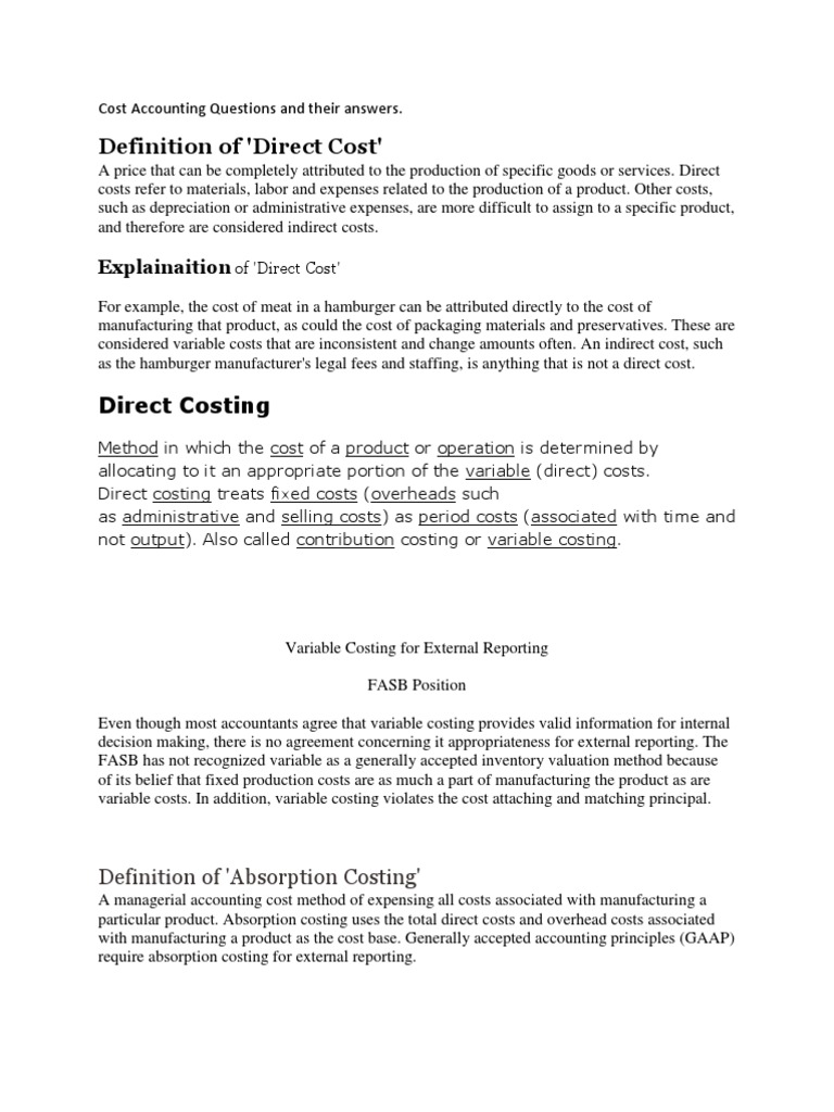 Cost Accounting Questions and Their Answers PDF Profit (Accounting