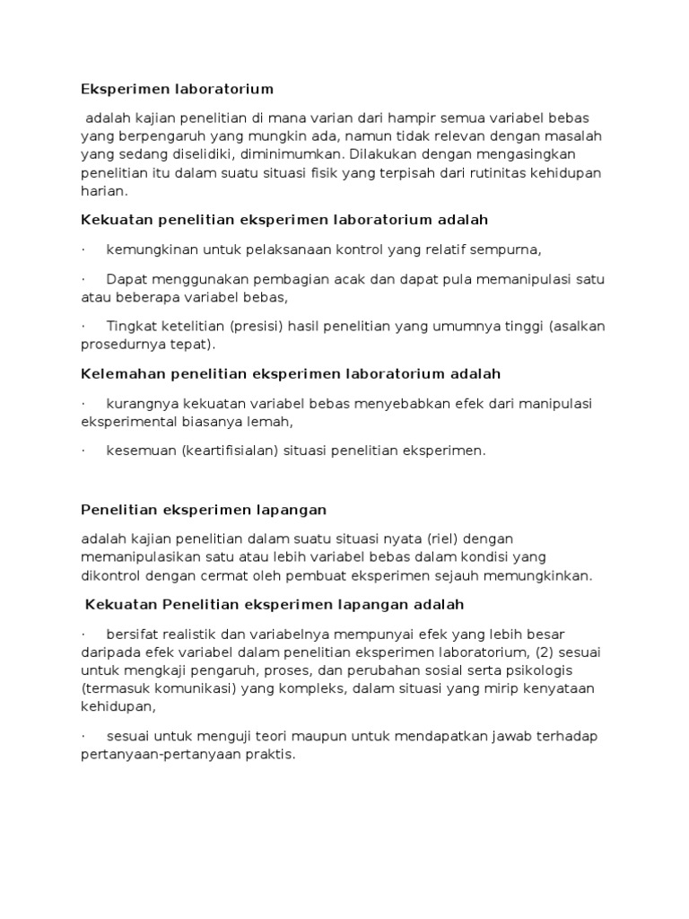 Eksperimen Laboratorium Adalah Kajian Penelitian Di Mana Varian Dari Hampir Semua Variabel Bebas Yang Berpengaruh Yang