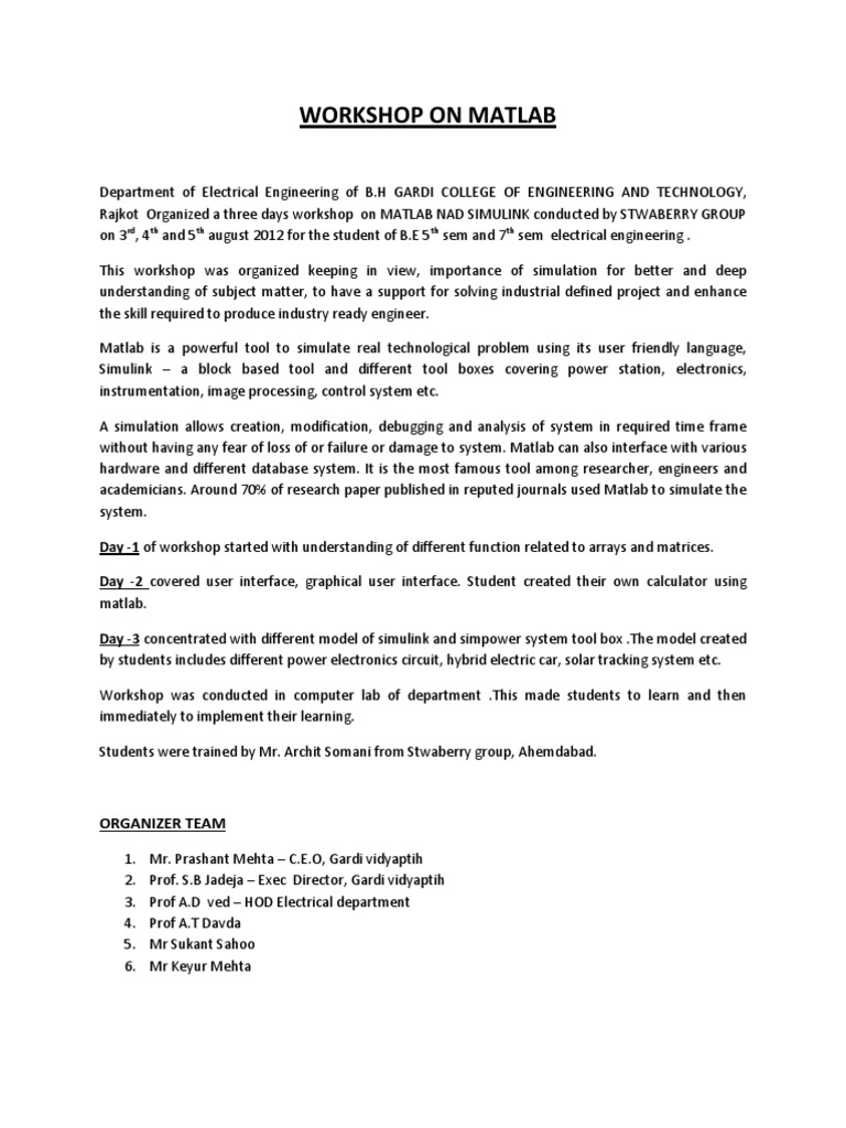 MATLAB Workshop for Electrical Students | PDF | Technology & Engineering