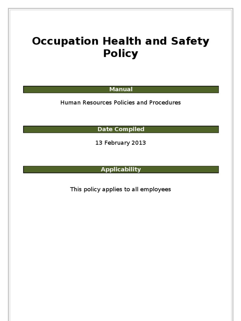 Occupational Health and Safety Policy | PDF | Occupational Safety And ...