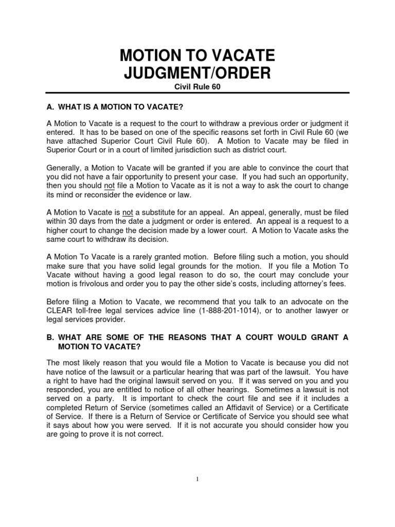 How to Motion to Vacate Judgment Order Civil Rule 60 Coram Nobis