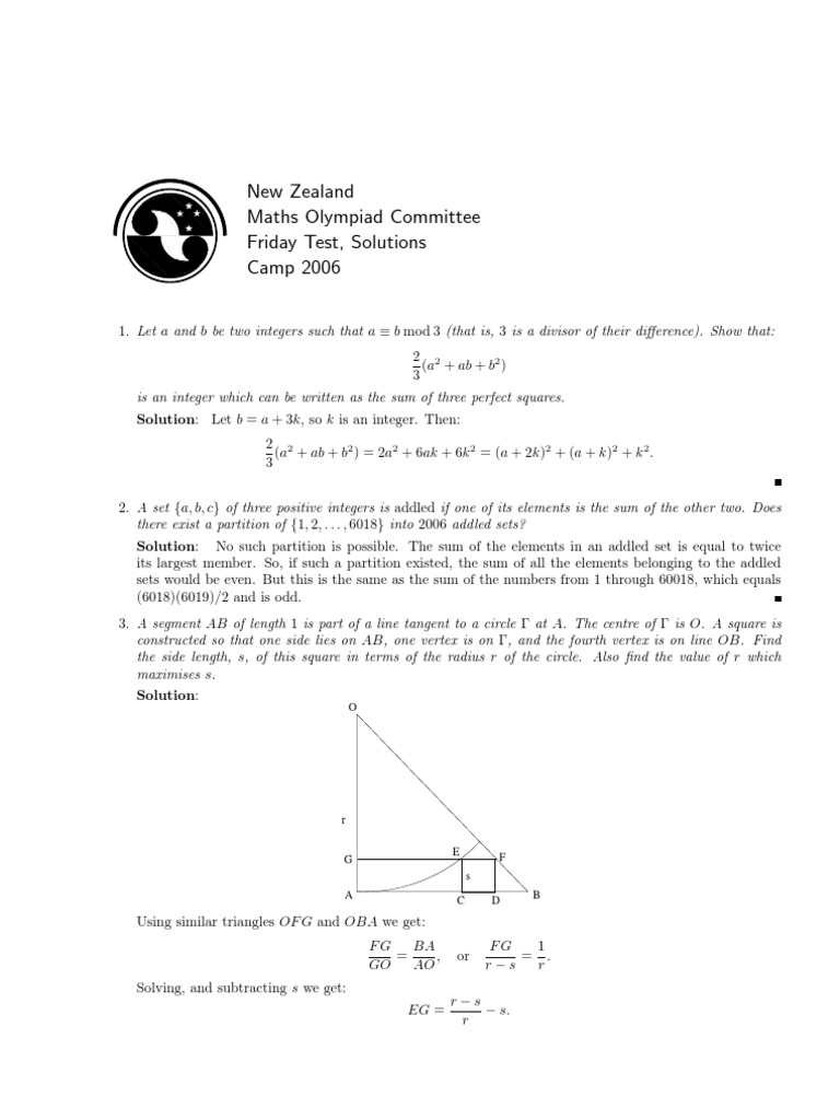 New Zealand Maths Olympiad Committee Friday Test, Solutions Camp 2006 PDF Rectangle Triangle
