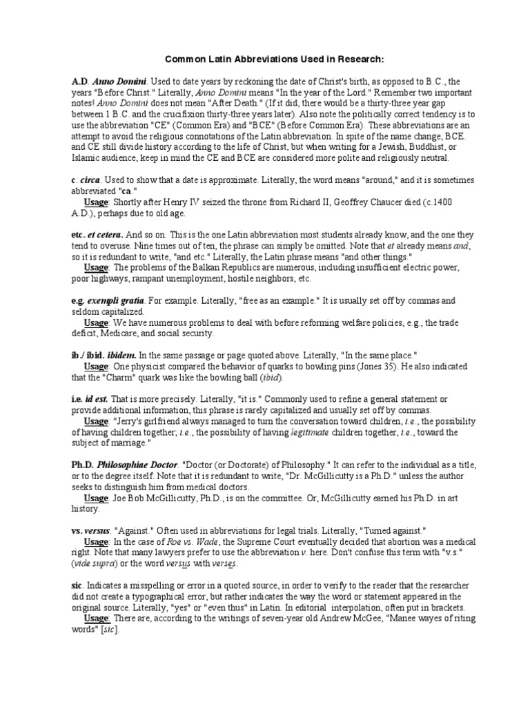 Latin Abbreviations Common Era Anno Domini