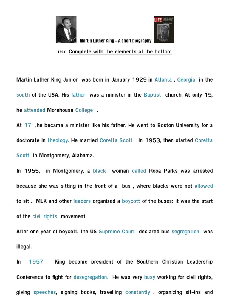 Martin Luther King Biography Gap Exercise Answer Key