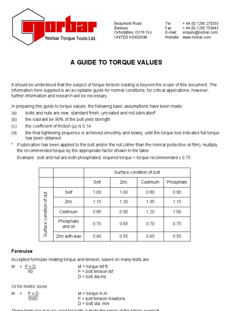 Torque Value Guide (Formulas) | PDF