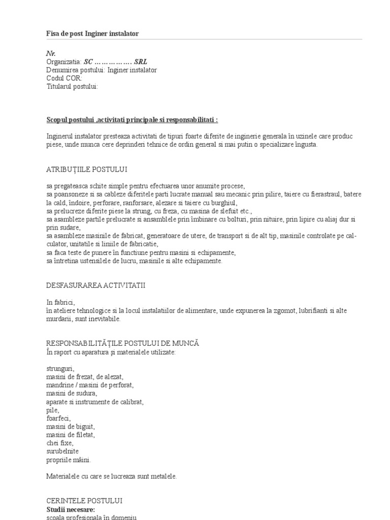 Date Fisa De Post Inginer Instalator