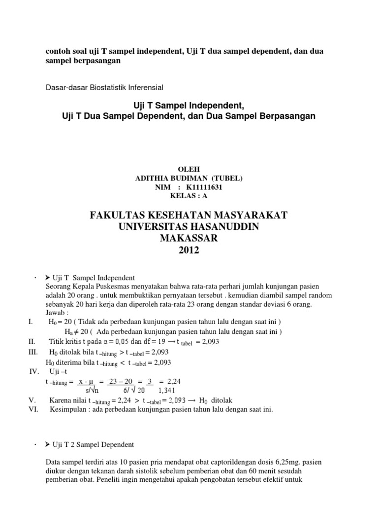 Contoh Soal Uji T Sampel Independent