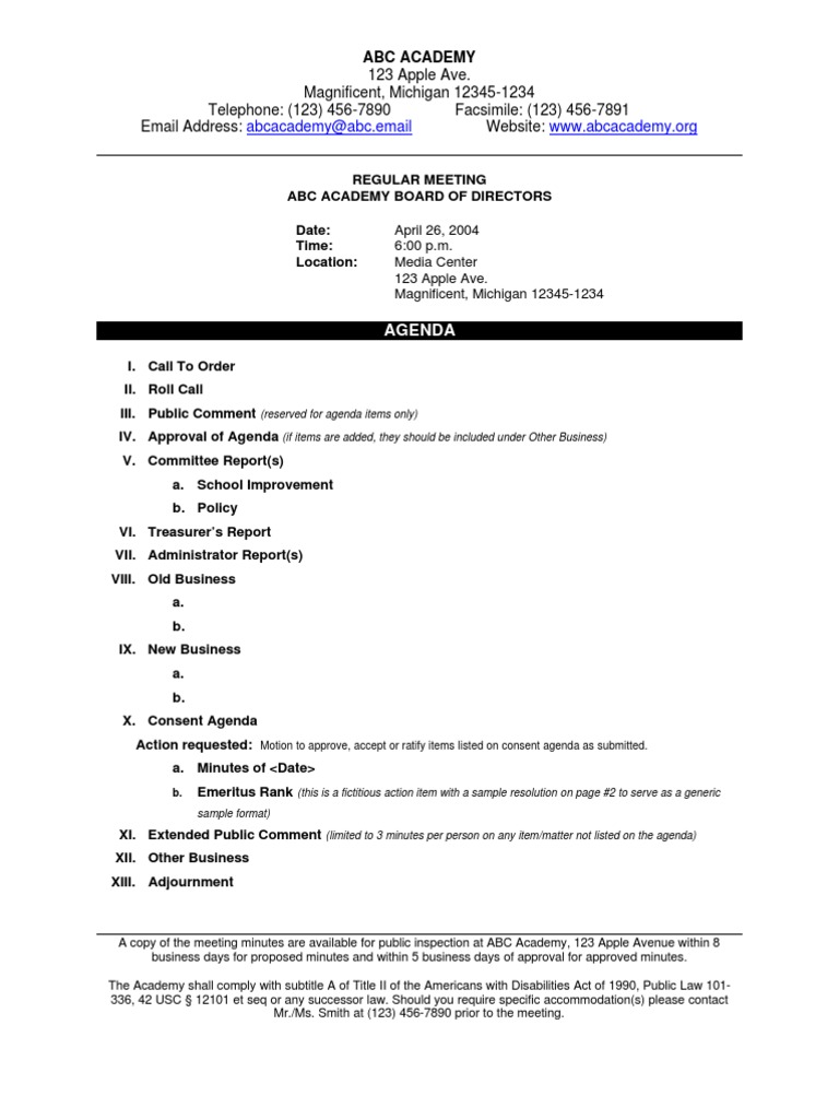 Sample Board Meeting Agenda  PDF  Americans With Disabilities In Consent Agenda Template