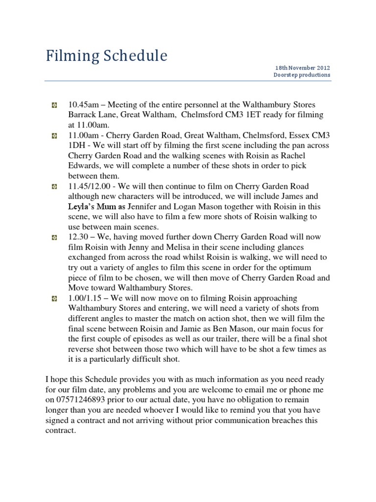 Filming Schedule 18 Nov | PDF