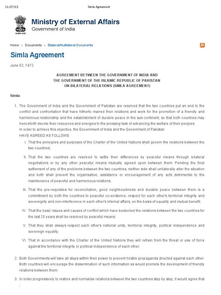 Simla Agreement PDF Sovereignty Pakistan