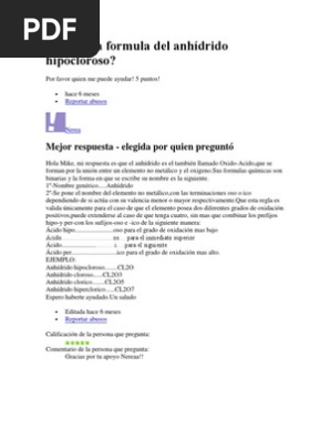 Cual Es La Formula Del Anhidrido Hipocloroso Compuestos Quimicos Sustancias Quimicas