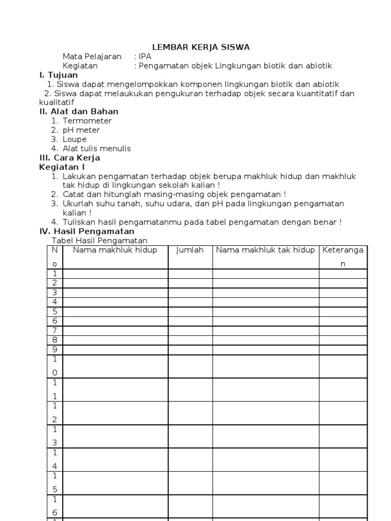 LEMBAR KERJA SISWA Observasi Biotikabiotik