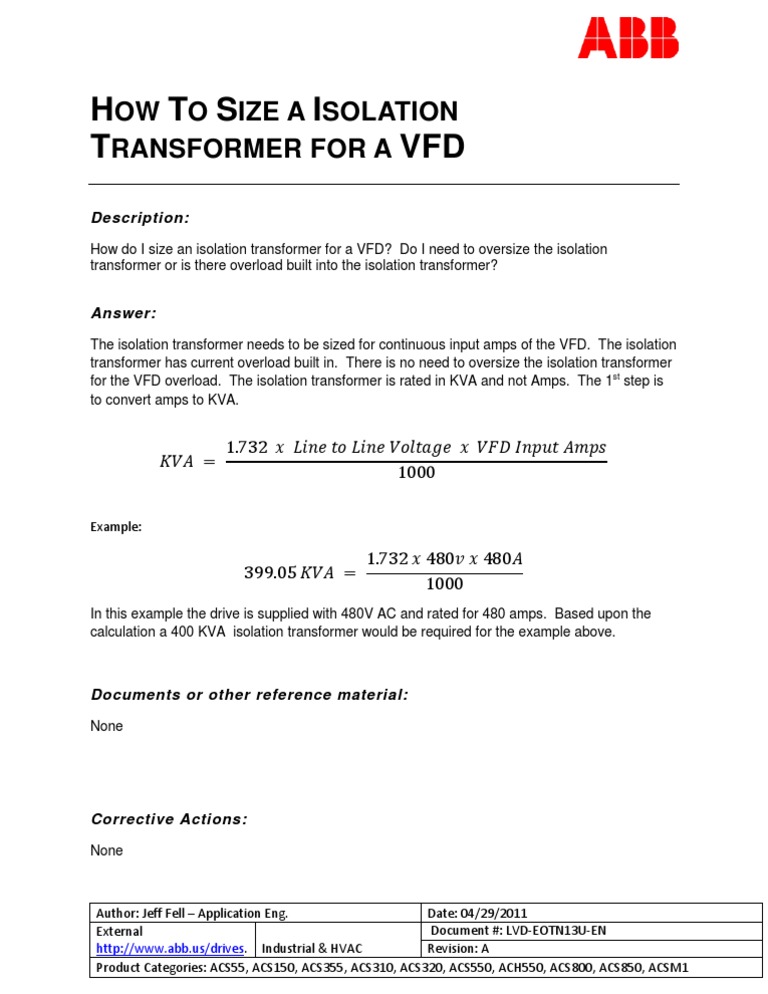 Properly Sizing an Isolation Transformer for an Variable Frequency