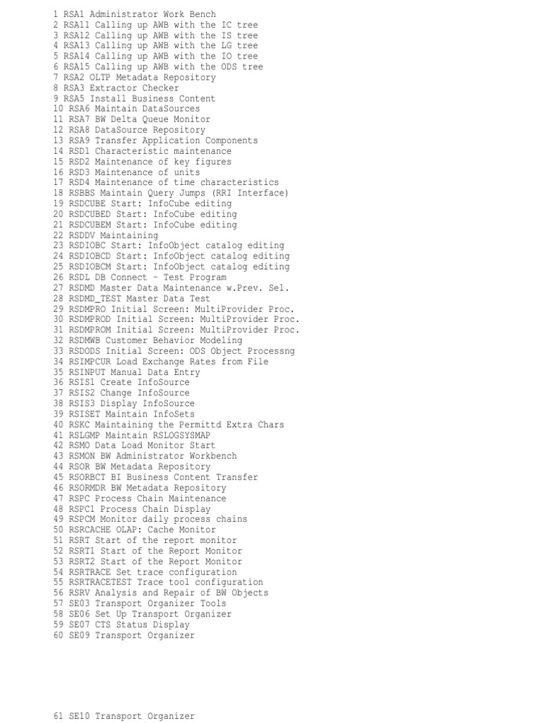 SAP BW Transaction Codes Overview | PDF | Information Management ...