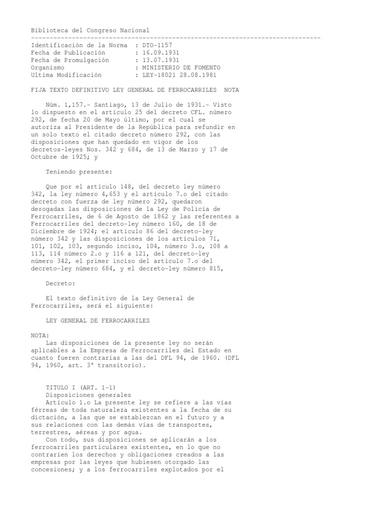 Decreto N1157 1931 Ley General de Ferrocarriles PDF Transporte