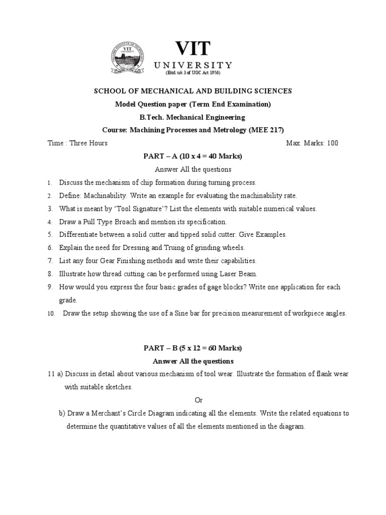 Machining Processes and Metrology Exam Paper | PDF | Machining | Tools