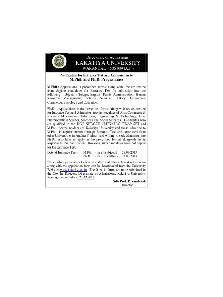 Kakatiya University: Directorate of Admissions | PDF | Doctor Of ...