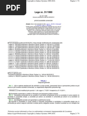 Legea 31 1990 A Societatilor Comerciale Actualizata Septembrie 2012
